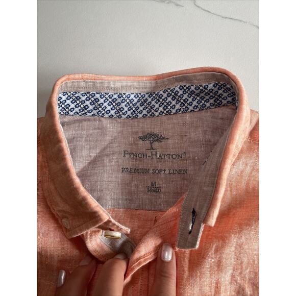 Fynch Hatton Shirt Mens Size Medium 100% Premium Linen Orange Woven Long Sleeve - Picture 2 of 16